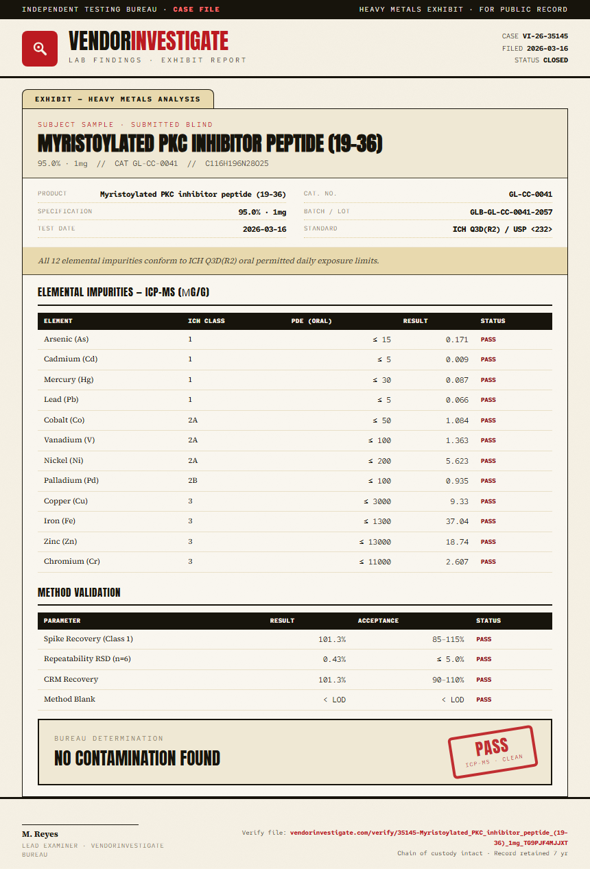 Myristoylated PKC inhibitor peptide (19-36) Heavy Metals report by VendorInvestigate