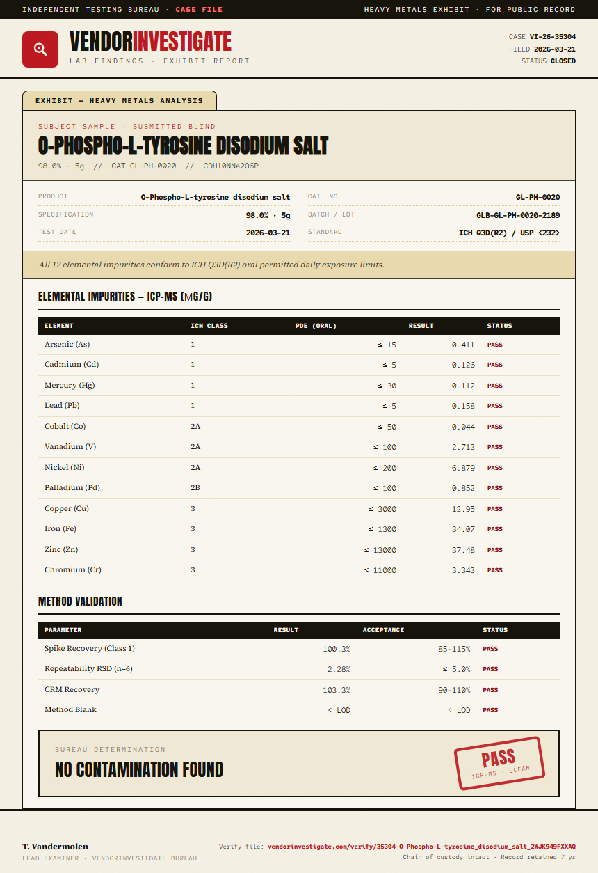 O-Phospho-L-tyrosine disodium salt Heavy Metals report by VendorInvestigate