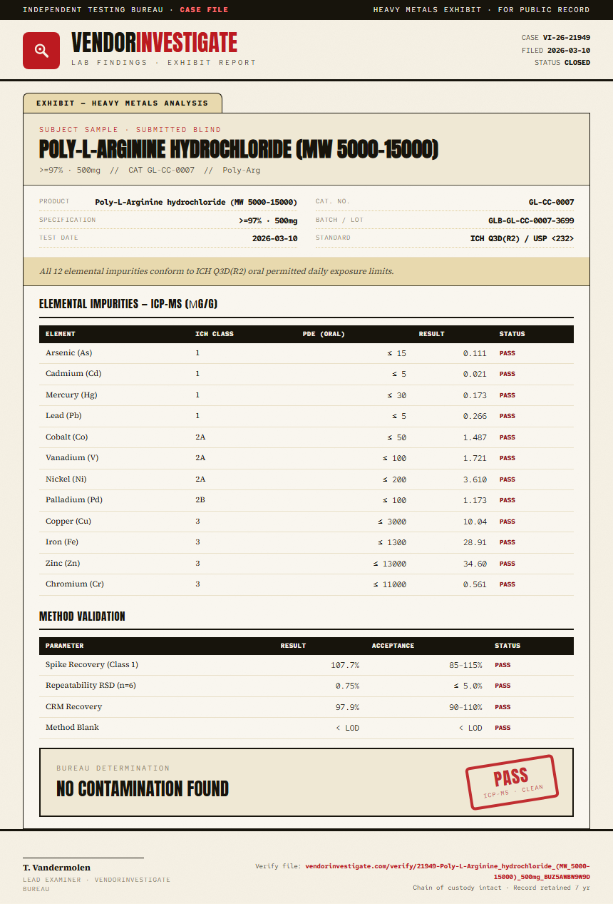 Poly-L-Arginine hydrochloride (MW 5000-15000) Heavy Metals report by VendorInvestigate