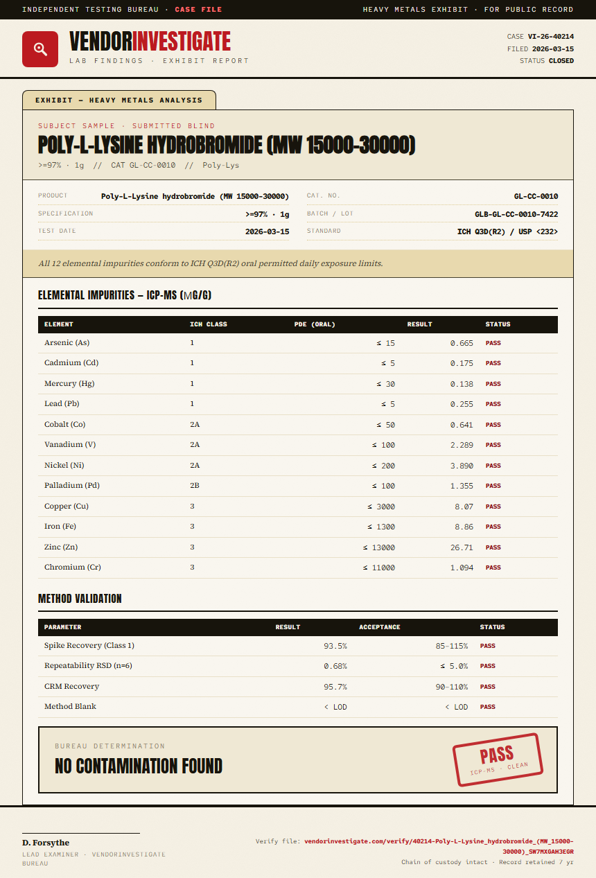 Poly-L-Lysine hydrobromide (MW 15000-30000) Heavy Metals report by VendorInvestigate