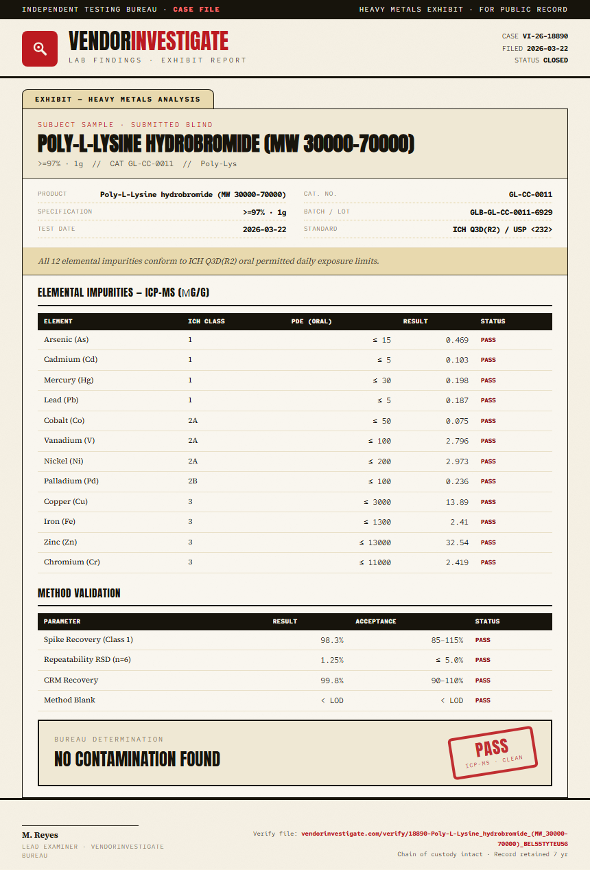 Poly-L-Lysine hydrobromide (MW 30000-70000) Heavy Metals report by VendorInvestigate