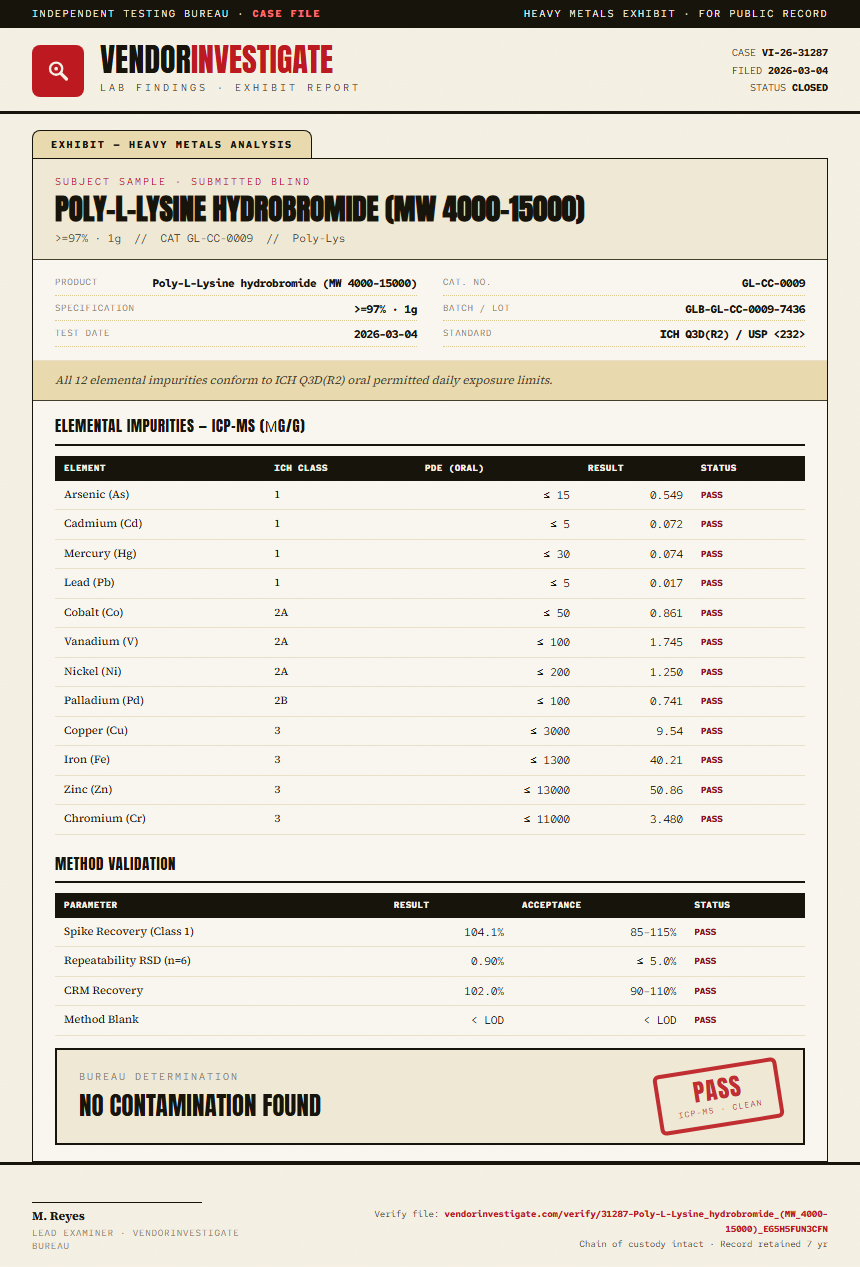 Poly-L-Lysine hydrobromide (MW 4000-15000) Heavy Metals report by VendorInvestigate