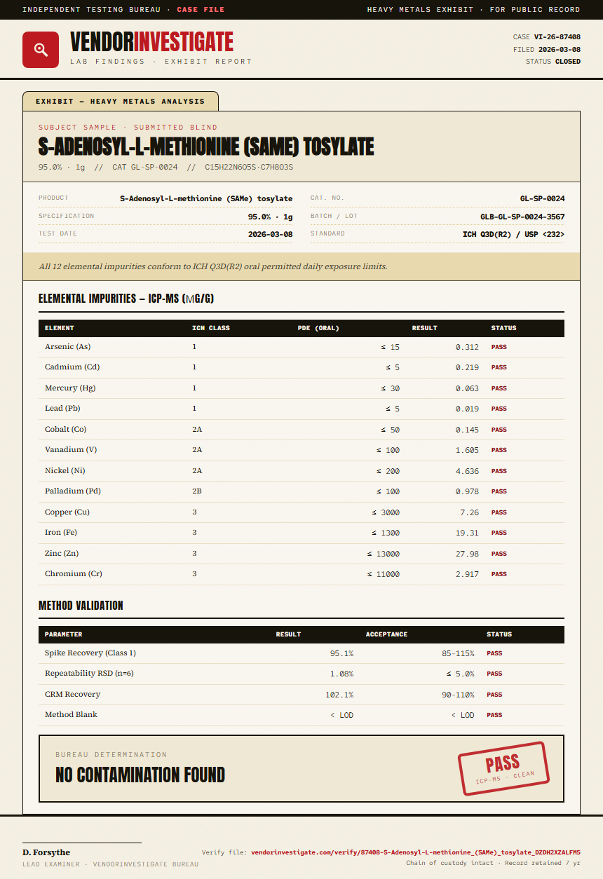 S-Adenosyl-L-methionine (SAMe) tosylate Heavy Metals report by VendorInvestigate