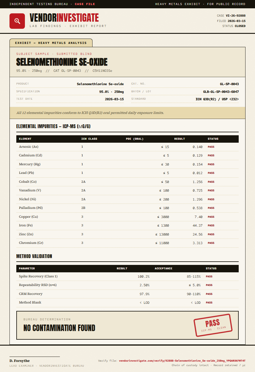 Selenomethionine Se-oxide Heavy Metals report by VendorInvestigate
