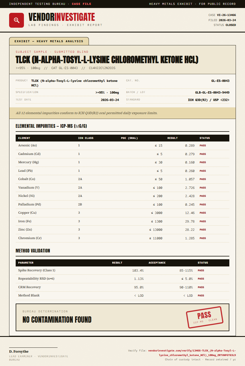 TLCK (N-alpha-Tosyl-L-lysine chloromethyl ketone HCl) Heavy Metals report by VendorInvestigate