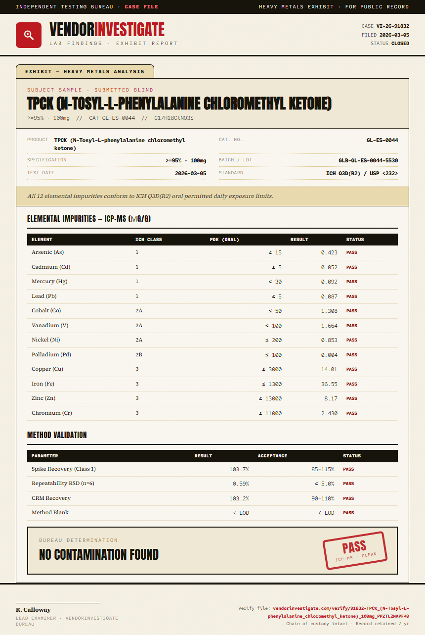 TPCK (N-Tosyl-L-phenylalanine chloromethyl ketone) Heavy Metals report by VendorInvestigate