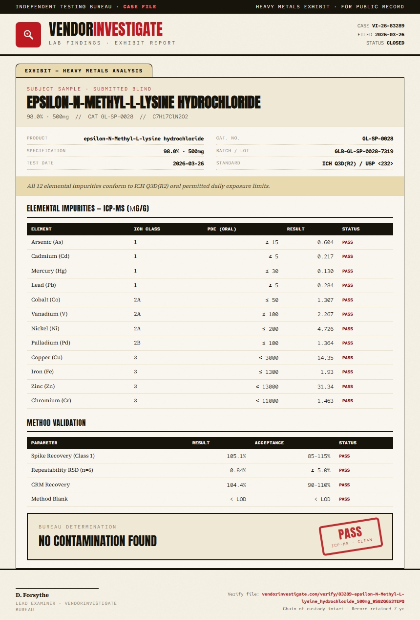 epsilon-N-Methyl-L-lysine hydrochloride Heavy Metals report by VendorInvestigate