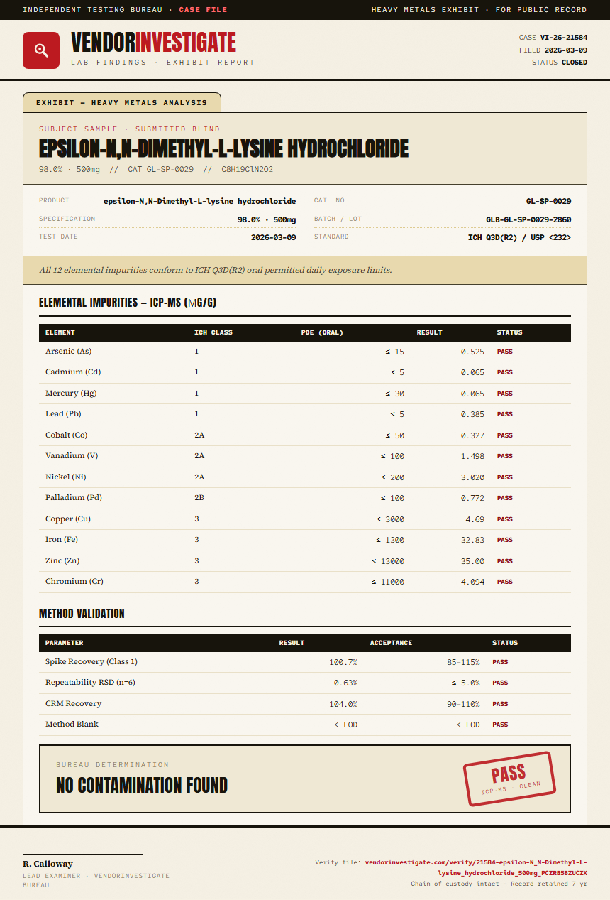 epsilon-N,N-Dimethyl-L-lysine hydrochloride Heavy Metals report by VendorInvestigate