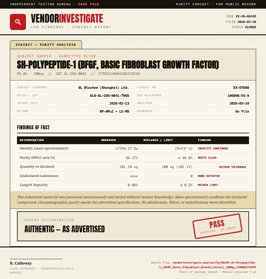 sh-Polypeptide-1 (bFGF, Basic Fibroblast Growth Factor) Purity (HPLC) report by VendorInvestigate