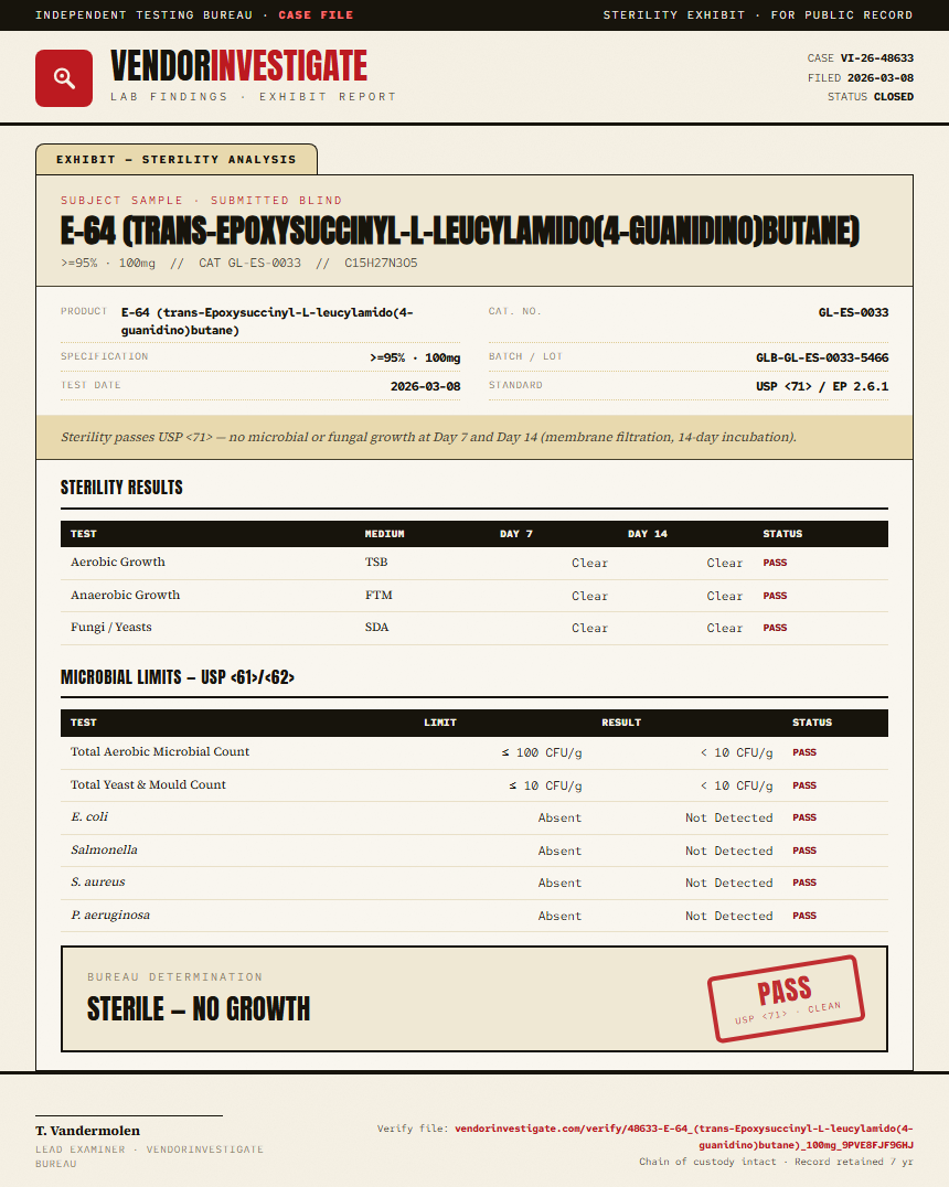 E-64 (trans-Epoxysuccinyl-L-leucylamido(4-guanidino)butane) Sterility report by VendorInvestigate
