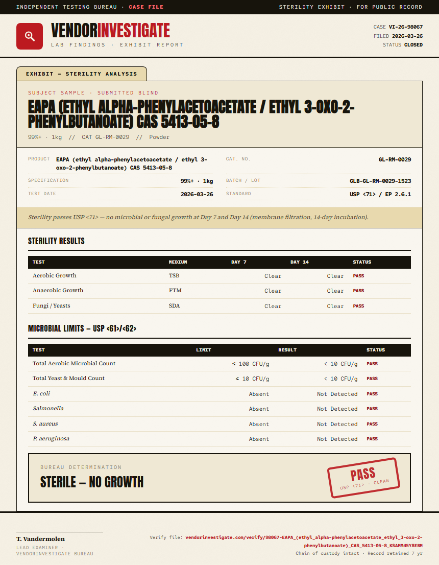 EAPA (ethyl alpha-phenylacetoacetate / ethyl 3-oxo-2-phenylbutanoate) CAS 5413-05-8 Sterility report by VendorInvestigate