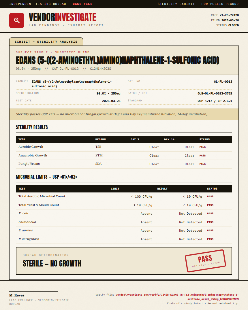 EDANS (5-((2-Aminoethyl)amino)naphthalene-1-sulfonic acid) Sterility report by VendorInvestigate