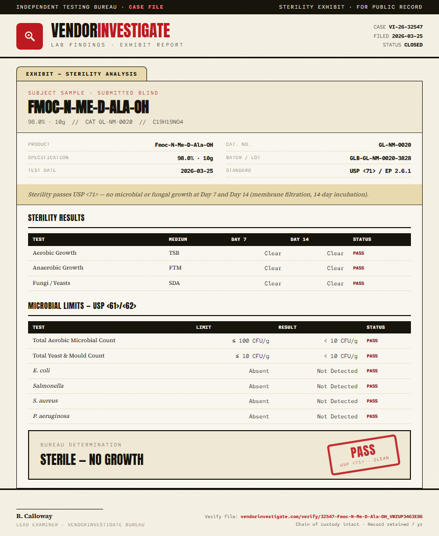 Fmoc-N-Me-D-Ala-OH Sterility report by VendorInvestigate