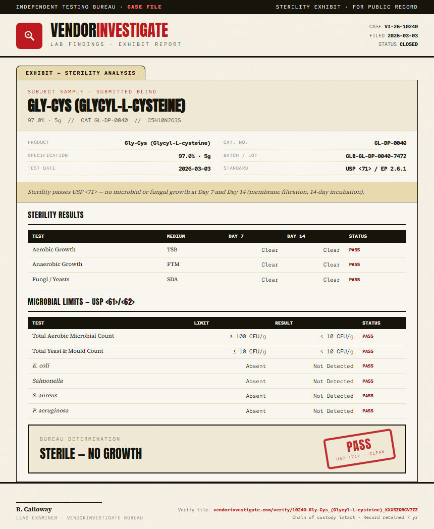 Gly-Cys (Glycyl-L-cysteine) Sterility report by VendorInvestigate