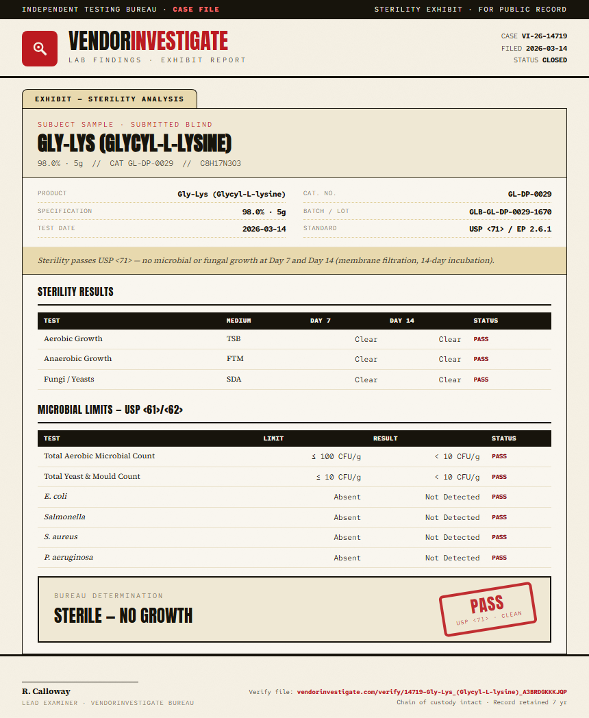 Gly-Lys (Glycyl-L-lysine) Sterility report by VendorInvestigate