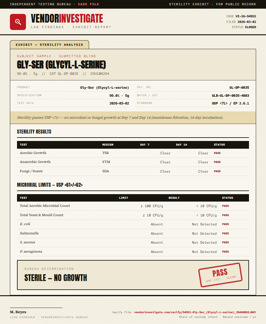 Gly-Ser (Glycyl-L-serine) Sterility report by VendorInvestigate