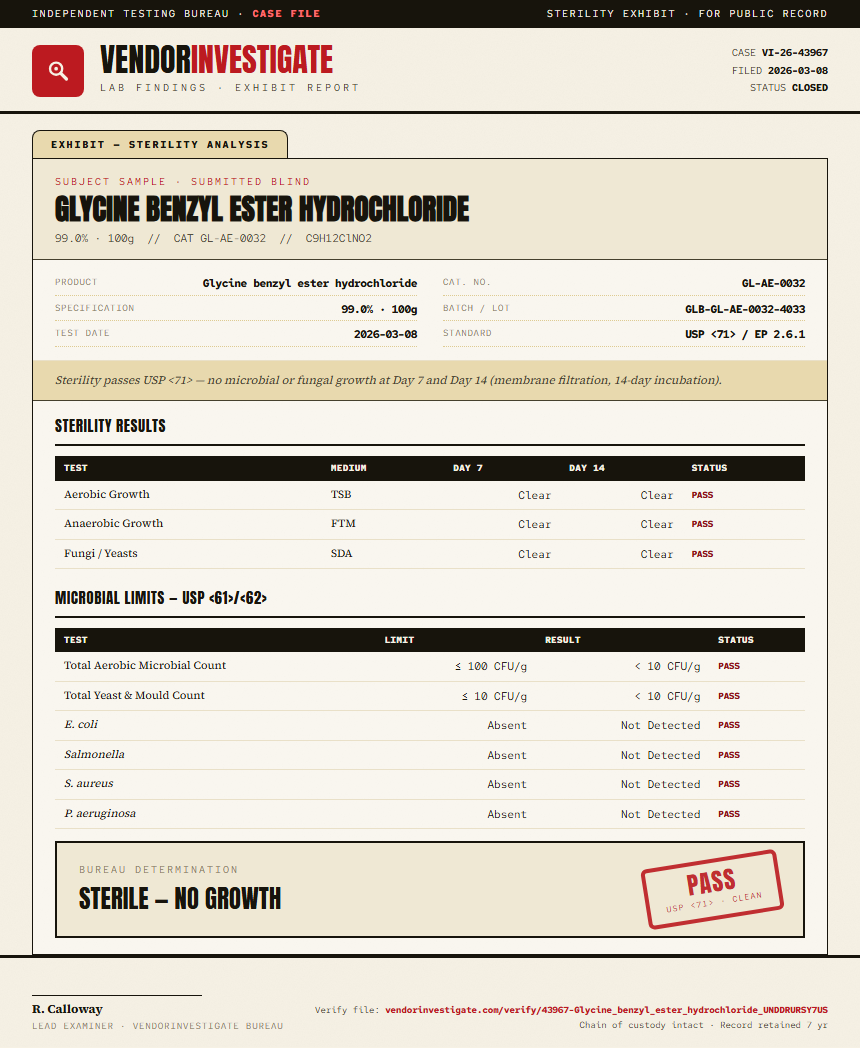 Glycine benzyl ester hydrochloride Sterility report by VendorInvestigate