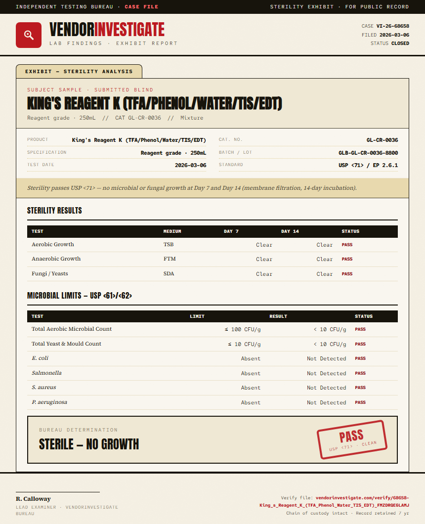 King's Reagent K (TFA/Phenol/Water/TIS/EDT) Sterility report by VendorInvestigate