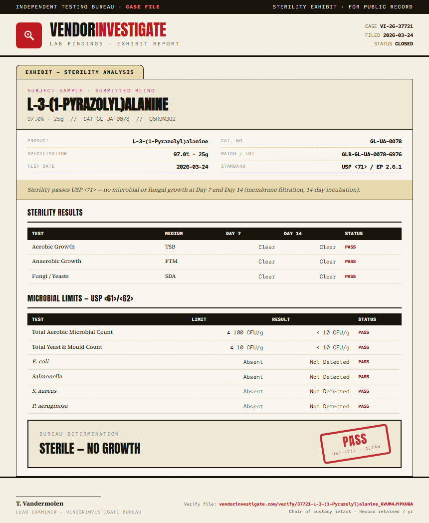 L-3-(1-Pyrazolyl)alanine Sterility report by VendorInvestigate