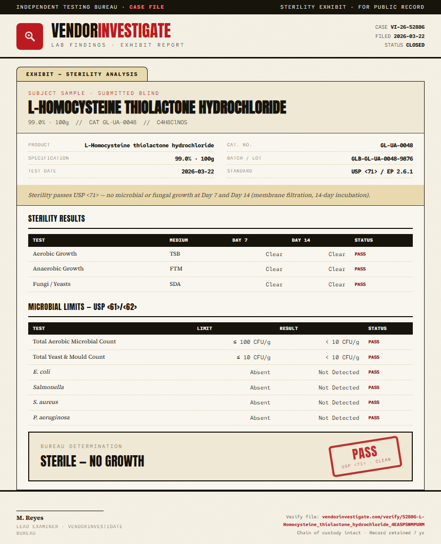 L-Homocysteine thiolactone hydrochloride Sterility report by VendorInvestigate