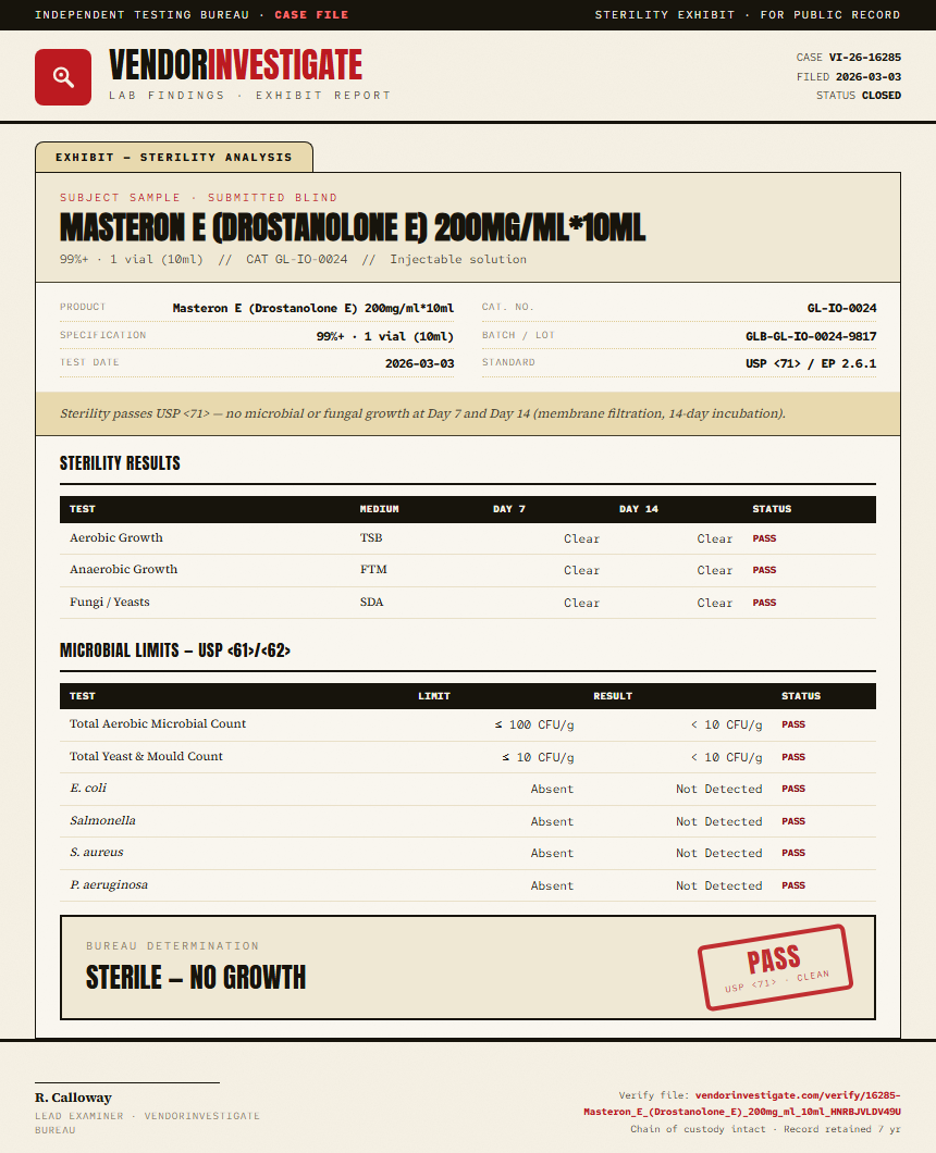 Masteron E (Drostanolone E) 200mg/ml*10ml Sterility report by VendorInvestigate