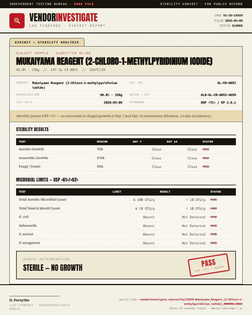 Mukaiyama Reagent (2-Chloro-1-methylpyridinium iodide) Sterility report by VendorInvestigate