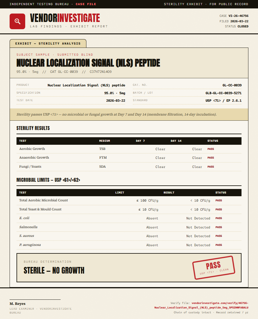Nuclear Localization Signal (NLS) peptide Sterility report by VendorInvestigate