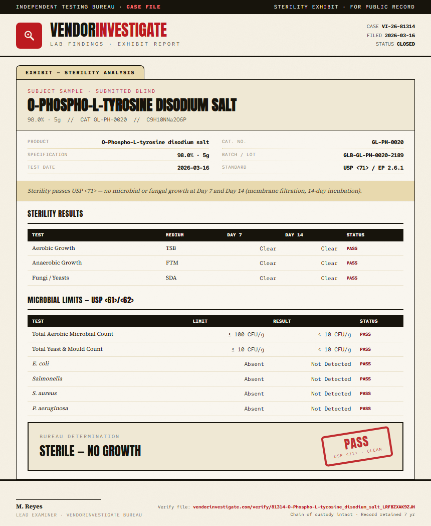 O-Phospho-L-tyrosine disodium salt Sterility report by VendorInvestigate