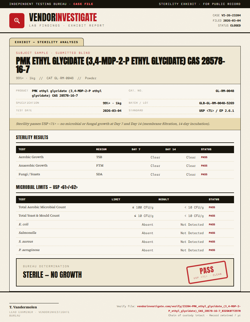PMK ethyl glycidate (3,4-MDP-2-P ethyl glycidate) CAS 28578-16-7 Sterility report by VendorInvestigate