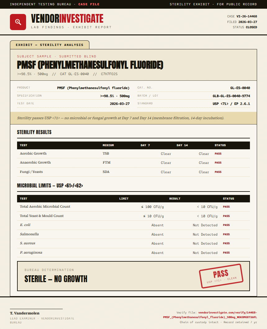 PMSF (Phenylmethanesulfonyl fluoride) Sterility report by VendorInvestigate