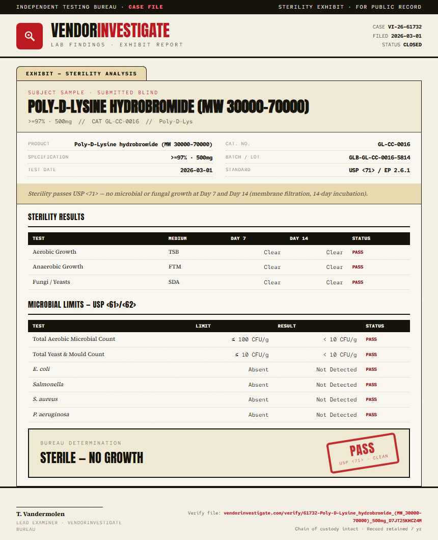 Poly-D-Lysine hydrobromide (MW 30000-70000) Sterility report by VendorInvestigate