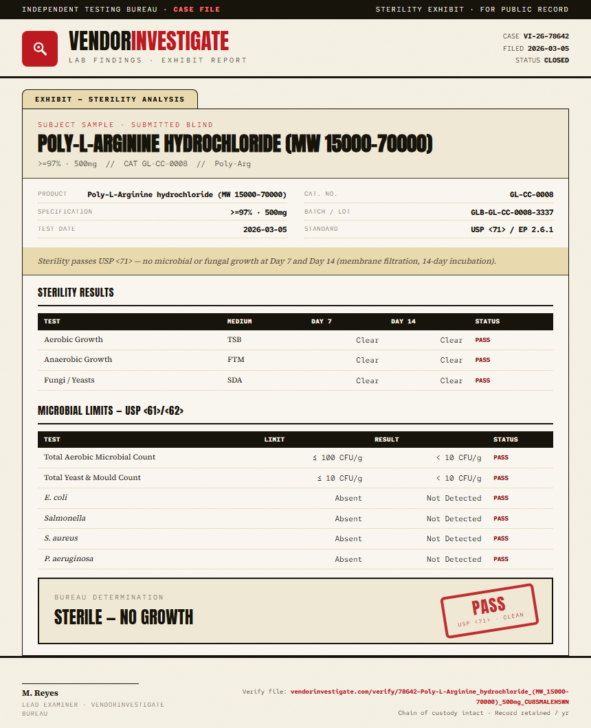 Poly-L-Arginine hydrochloride (MW 15000-70000) Sterility report by VendorInvestigate