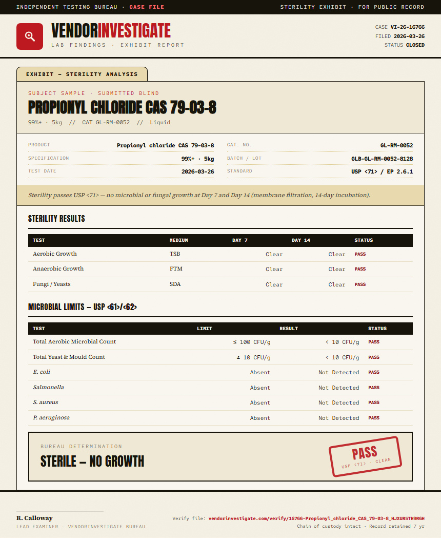 Propionyl chloride CAS 79-03-8 Sterility report by VendorInvestigate