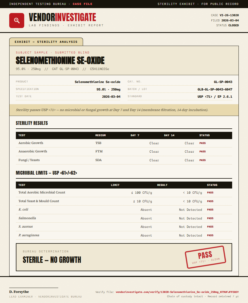 Selenomethionine Se-oxide Sterility report by VendorInvestigate