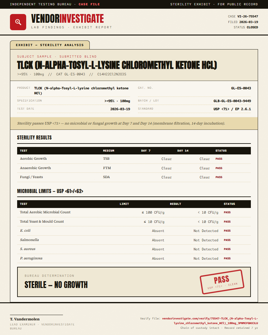 TLCK (N-alpha-Tosyl-L-lysine chloromethyl ketone HCl) Sterility report by VendorInvestigate