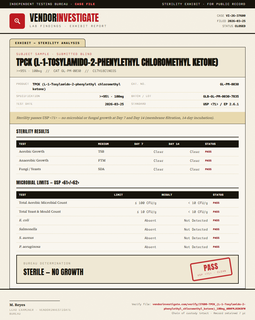 TPCK (L-1-Tosylamido-2-phenylethyl chloromethyl ketone) Sterility report by VendorInvestigate