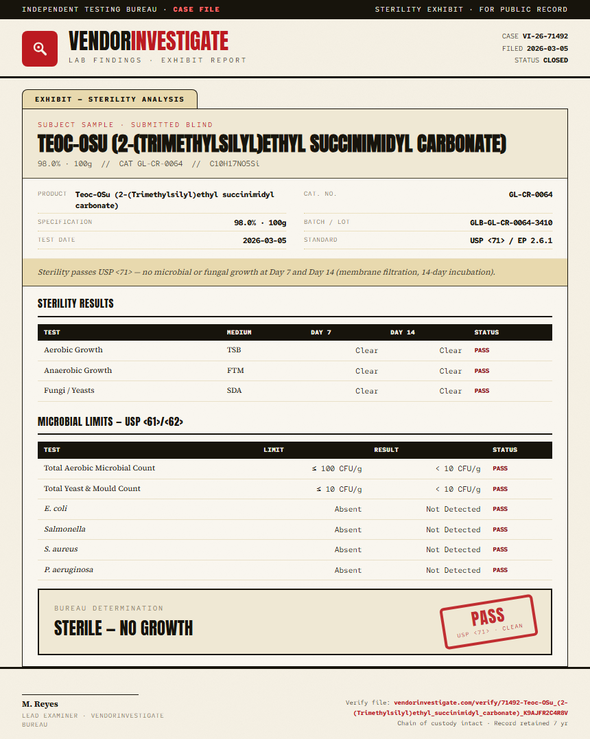 Teoc-OSu (2-(Trimethylsilyl)ethyl succinimidyl carbonate) Sterility report by VendorInvestigate