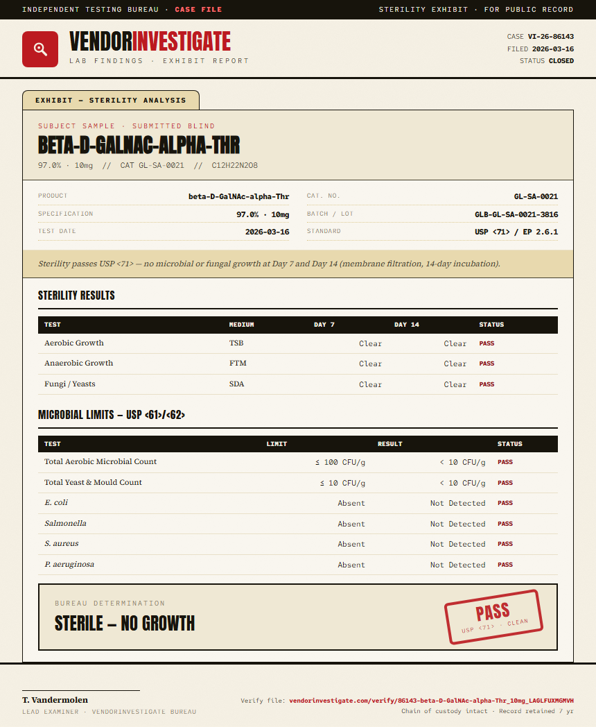 beta-D-GalNAc-alpha-Thr Sterility report by VendorInvestigate