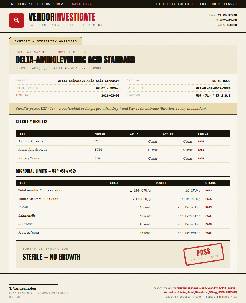 delta-Aminolevulinic Acid Standard Sterility report by VendorInvestigate