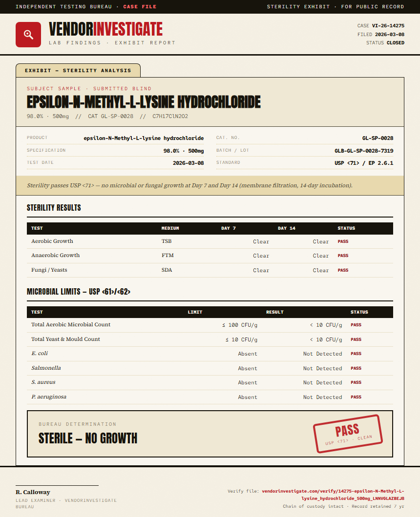 epsilon-N-Methyl-L-lysine hydrochloride Sterility report by VendorInvestigate