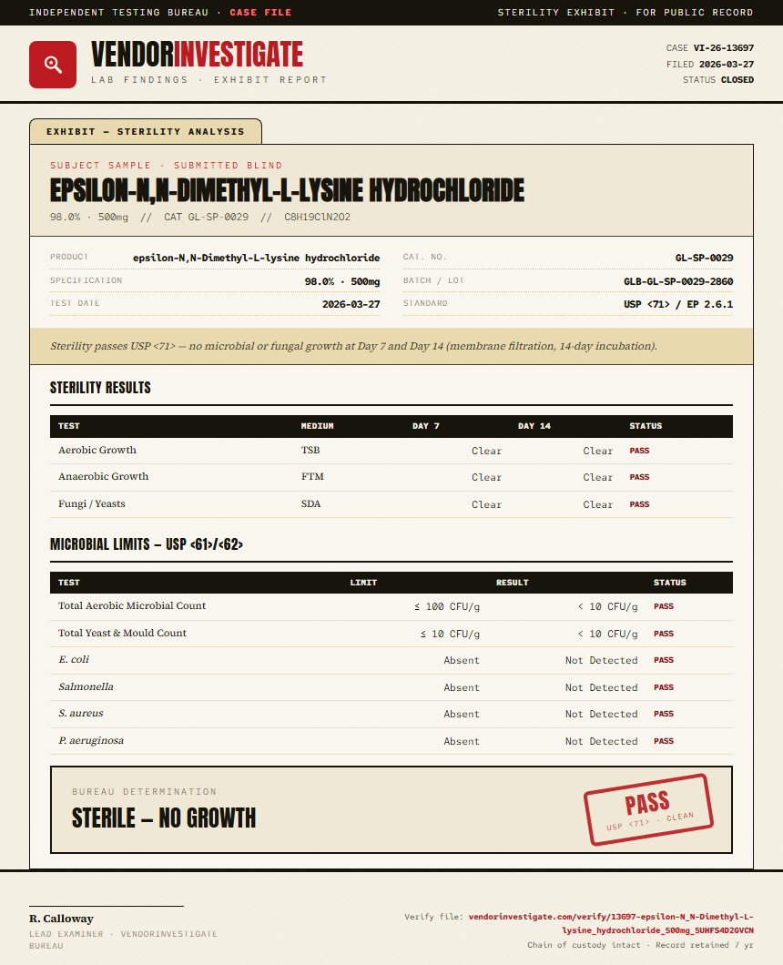 epsilon-N,N-Dimethyl-L-lysine hydrochloride Sterility report by VendorInvestigate