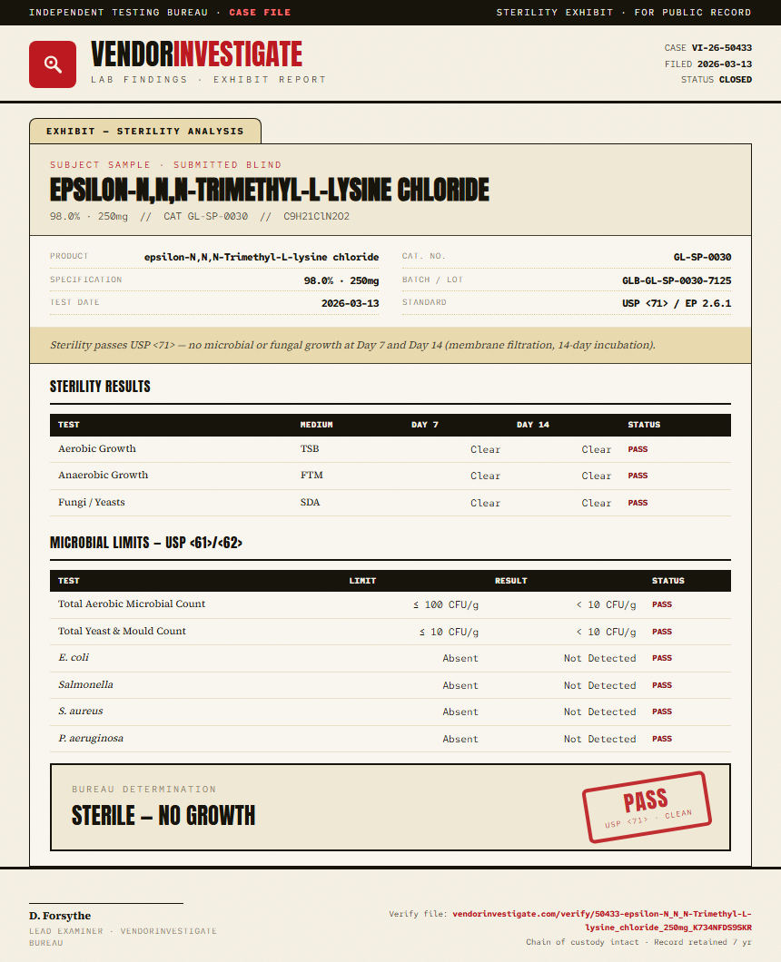 epsilon-N,N,N-Trimethyl-L-lysine chloride Sterility report by VendorInvestigate
